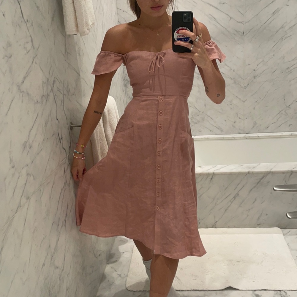 Hyland Smocked Linen Midi Dress Reformation Pink